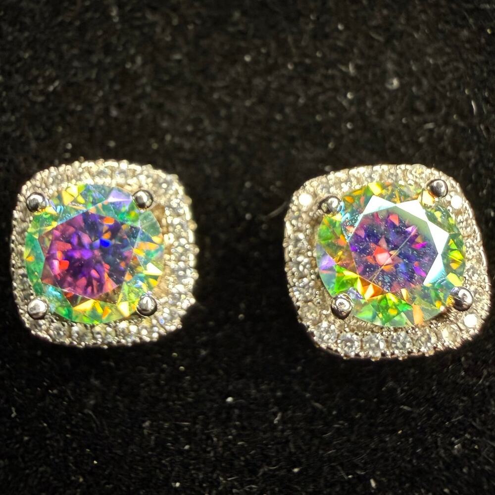 Solid 925 Sterling Silver Multi Colored Moissanite Pushback Halo Earrings 9.35mm